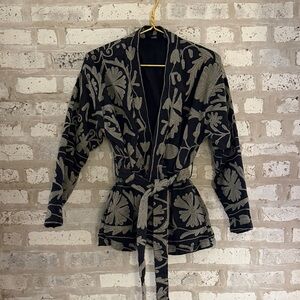 Embroidered Black and Gray Floral Wrap Jacket
